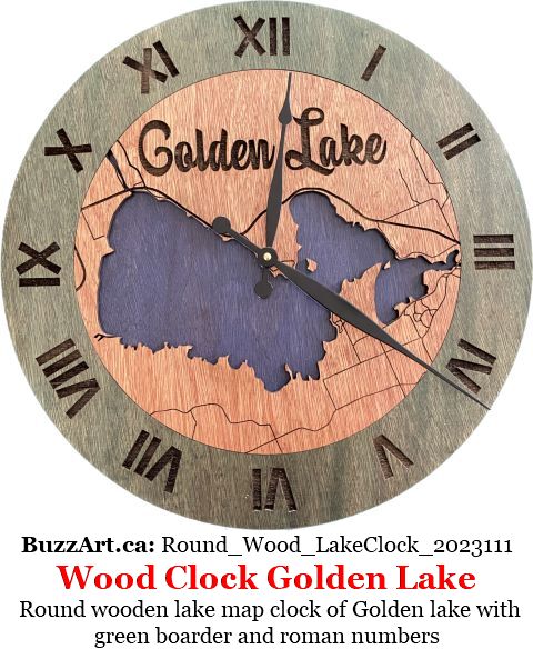 Round wooden lake map clock of Golden lake with green boarder and roman numbers